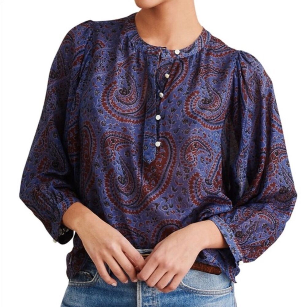 Alex Mill Easy Popover Semi Sheer Blouse in Paisley Pattern Small Silk Blend